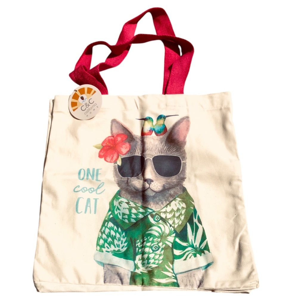 Canvas Cool Cat Tote with Pink Handles and Green Tropical Print